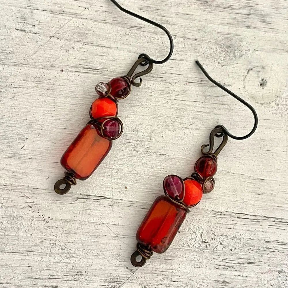 Red purple beaded wire wrapped drop earrings